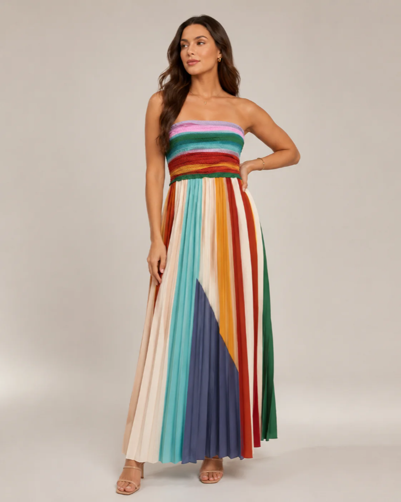Delaney Women's Strapless Maxi Dress – Multicolor Pleated A-Line Summer Dress