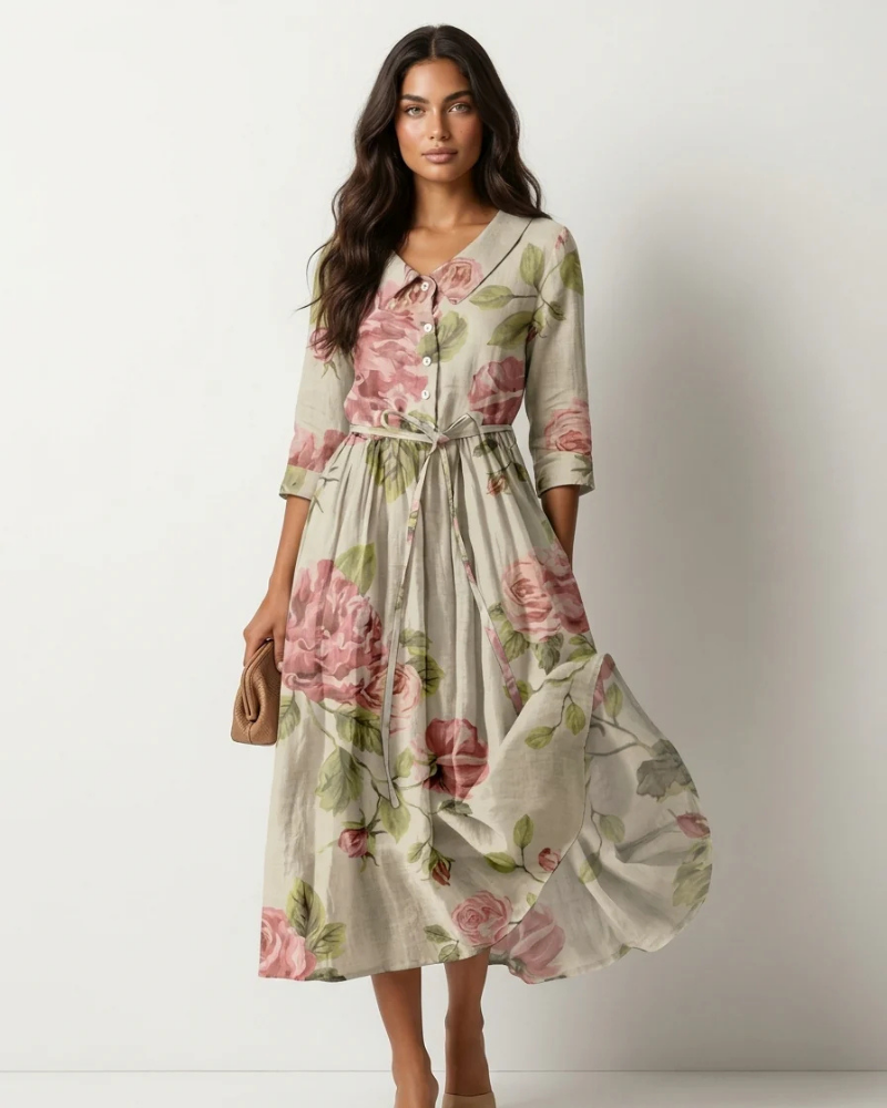 Juliet Women's Floral Midi Dress – Tie Waist, Button Details & Flowy Vintage Style