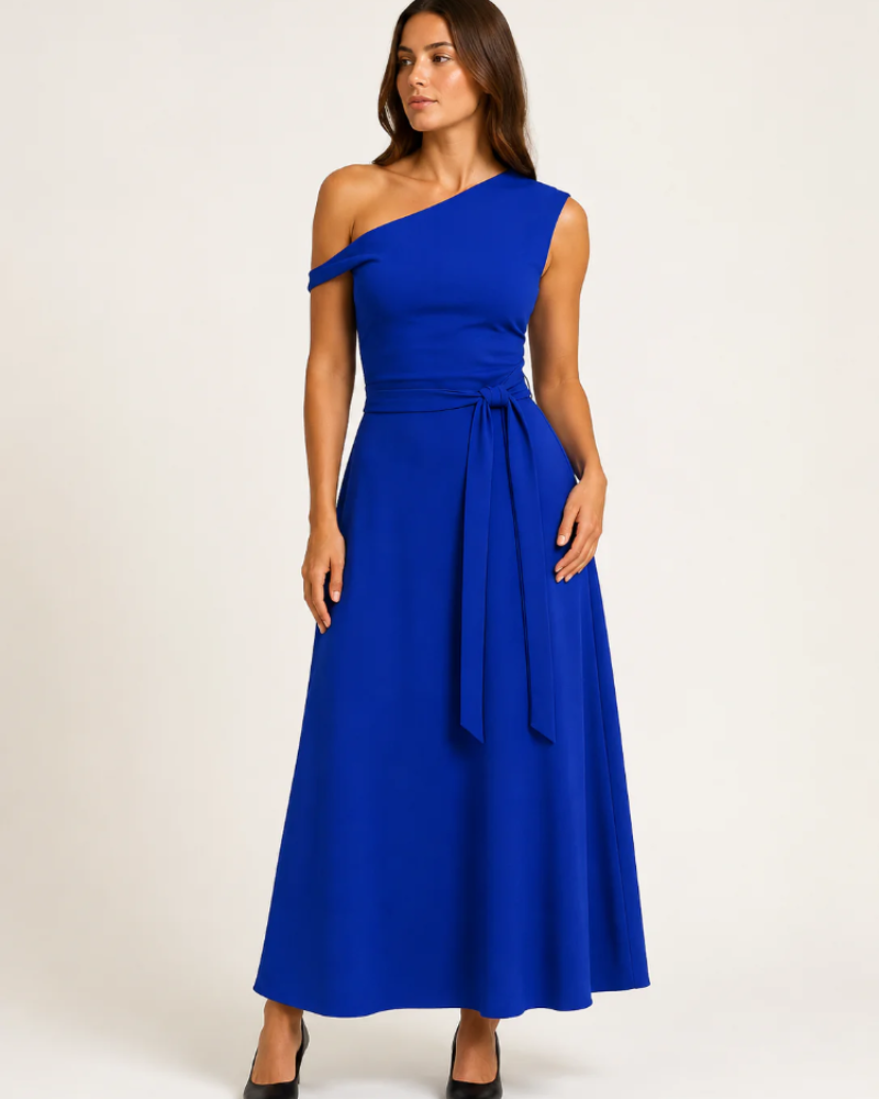 Vanessa Women's One-Shoulder Maxi Dress – Waist Belt & Flowing A-Line Skirt