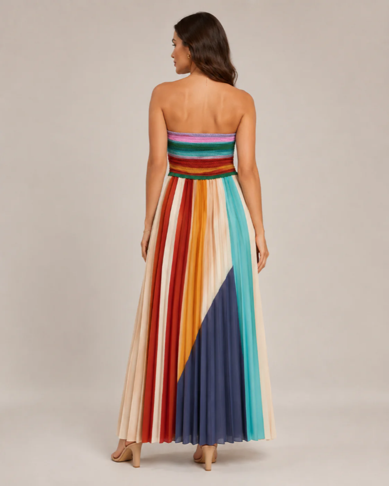 Delaney Women's Strapless Maxi Dress – Multicolor Pleated A-Line Summer Dress