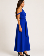 Vanessa Women's One-Shoulder Maxi Dress – Waist Belt & Flowing A-Line Skirt
