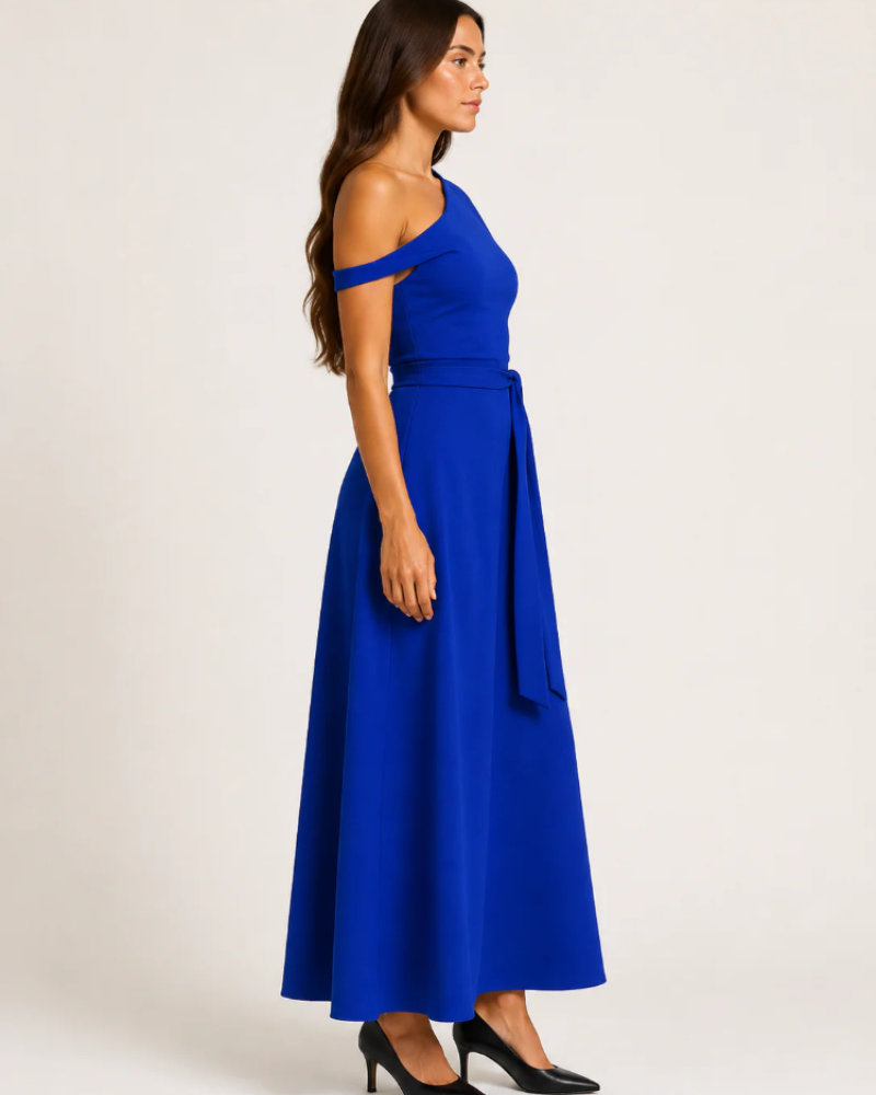 Vanessa Women's One-Shoulder Maxi Dress – Waist Belt & Flowing A-Line Skirt