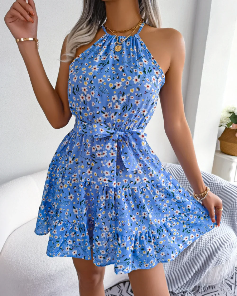 Maisie Women's Floral Halter Dress – Tie-Waist Summer Dress with Layered Skirt