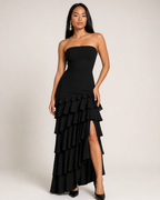 Mallory Women's Strapless Maxi Dress – Black Ruffled Gown with Asymmetric Hem