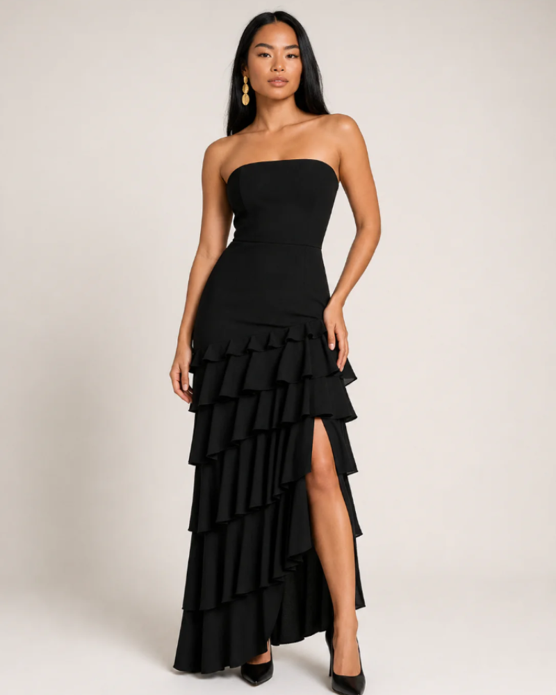 Mallory Women's Strapless Maxi Dress – Black Ruffled Gown with Asymmetric Hem
