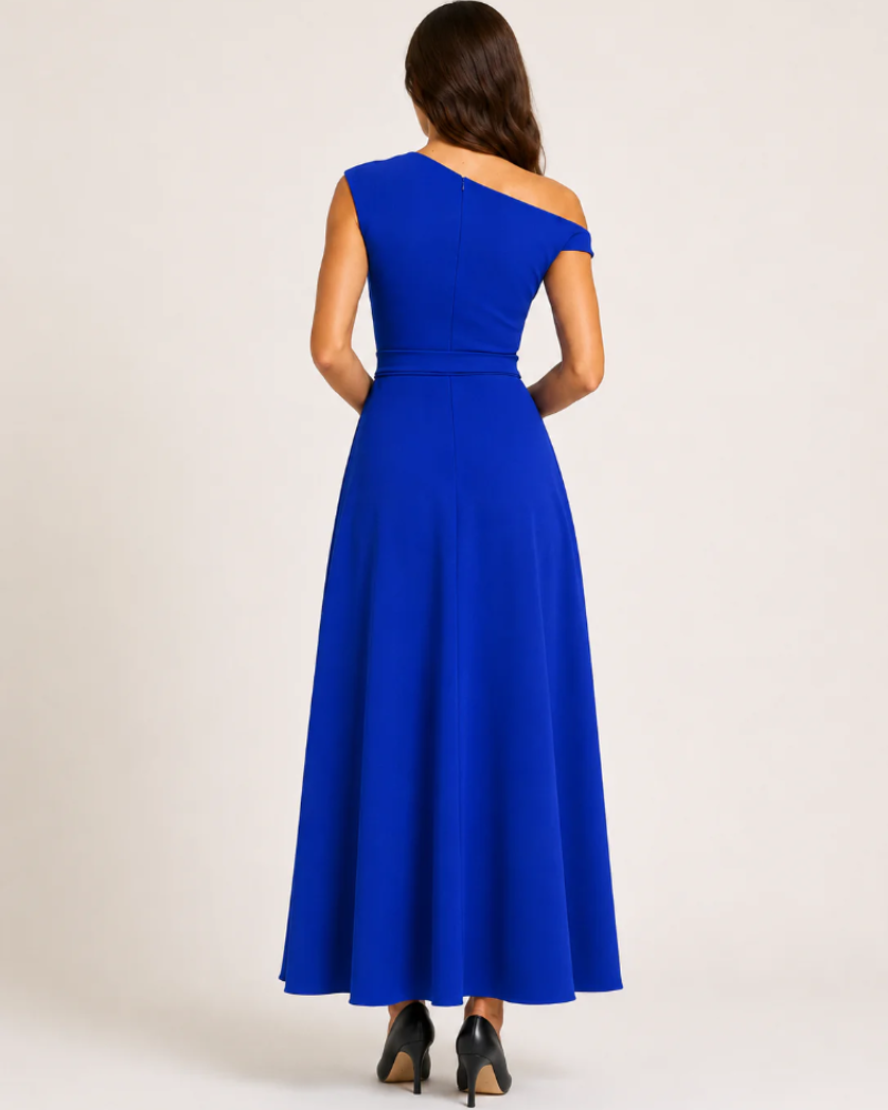 Vanessa Women's One-Shoulder Maxi Dress – Waist Belt & Flowing A-Line Skirt