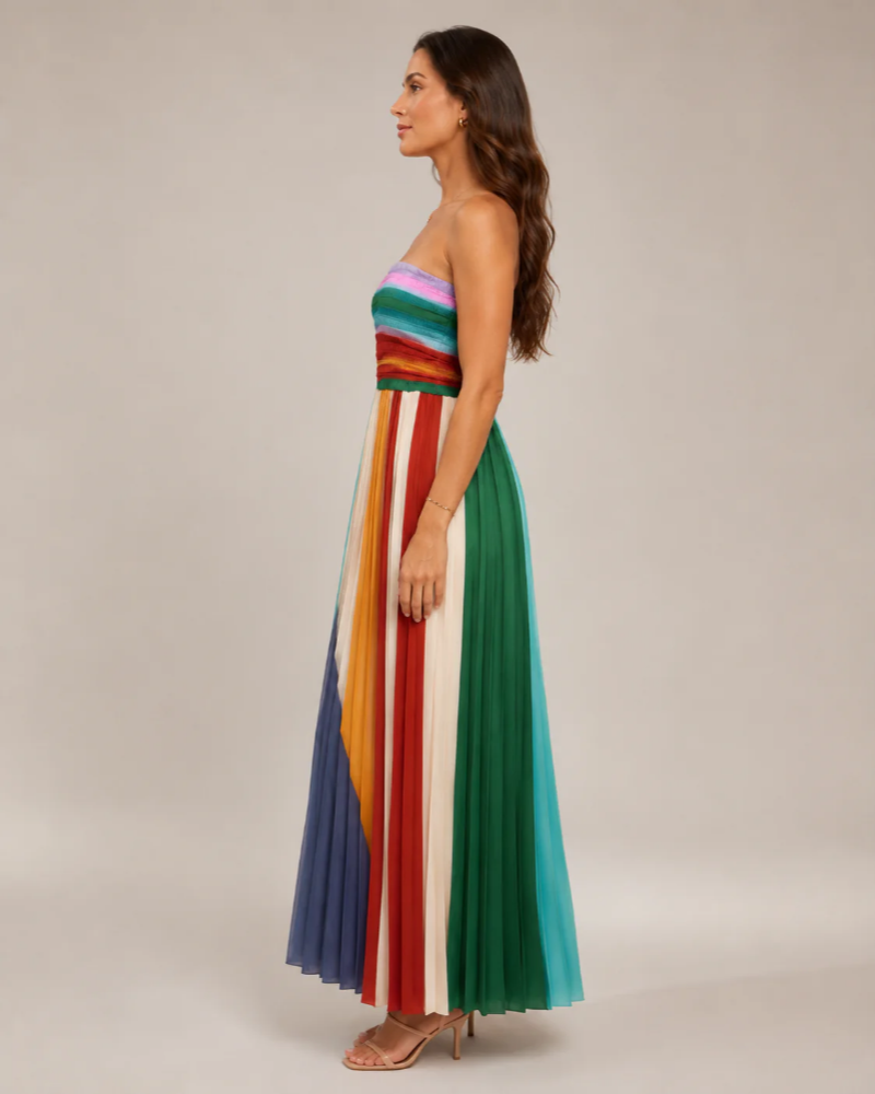 Delaney Women's Strapless Maxi Dress – Multicolor Pleated A-Line Summer Dress