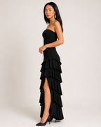 Mallory Women's Strapless Maxi Dress – Black Ruffled Gown with Asymmetric Hem