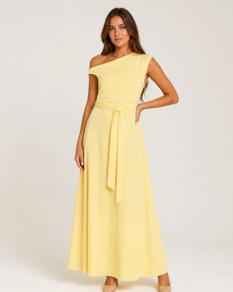 Vanessa Women's One-Shoulder Maxi Dress – Waist Belt & Flowing A-Line Skirt