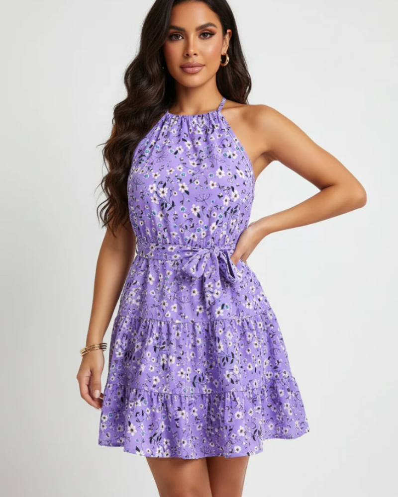 Maisie Women's Floral Halter Dress – Tie-Waist Summer Dress with Layered Skirt