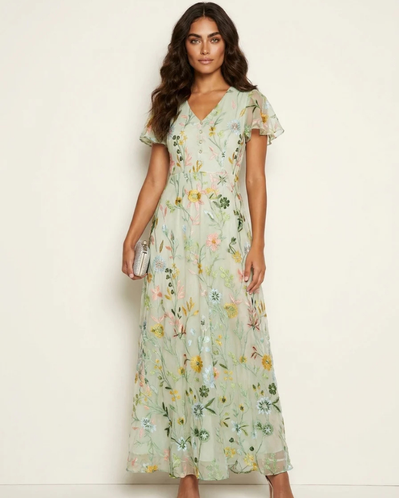 Rosalie Women's Floral Chiffon Maxi Dress – V-Neck Flowy Gown for Weddings & Events