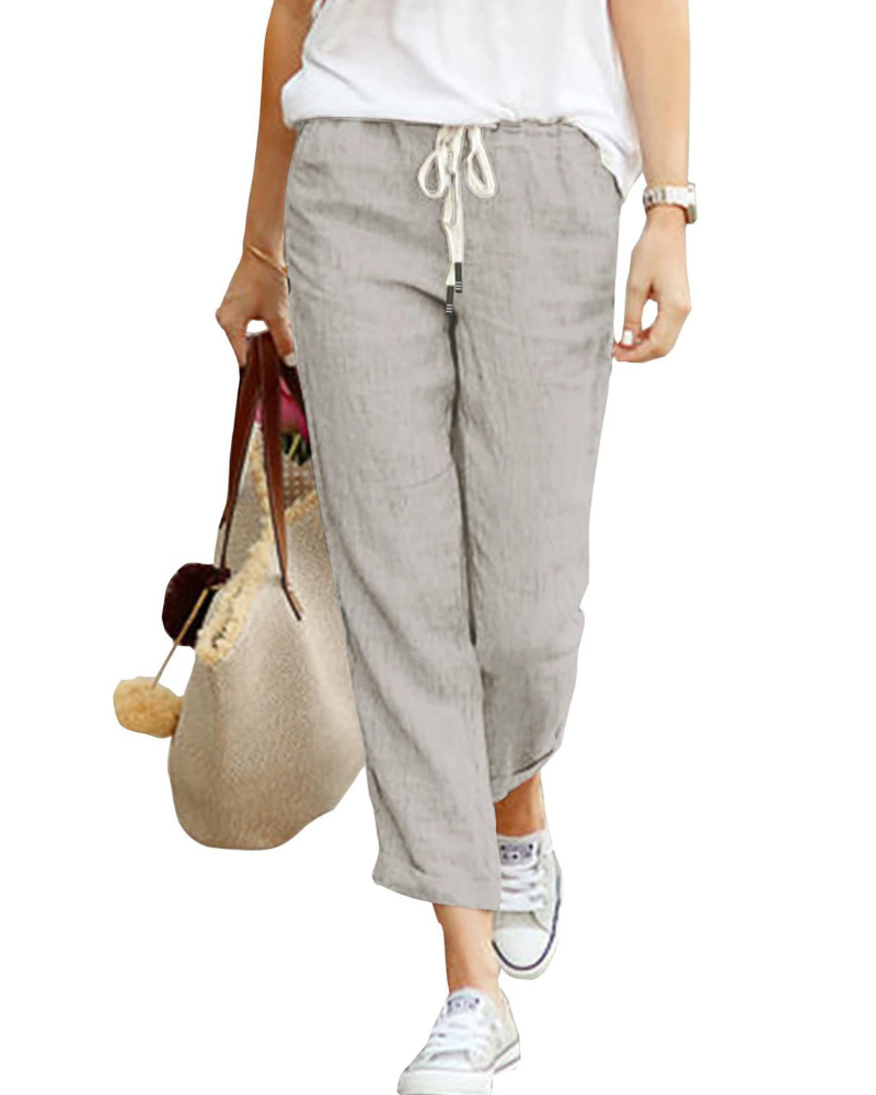 Mia Women’s Linen Pants – Elastic Waist Drawstring 7/8 Trousers with Pockets