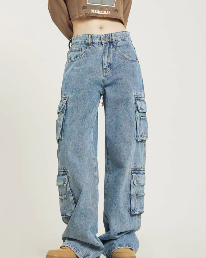 Lena Women’s Cargo Jeans – Retro Baggy Wide Leg Jeans with Utility Pockets