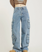 Lena Women’s Cargo Jeans – Retro Baggy Wide Leg Jeans with Utility Pockets