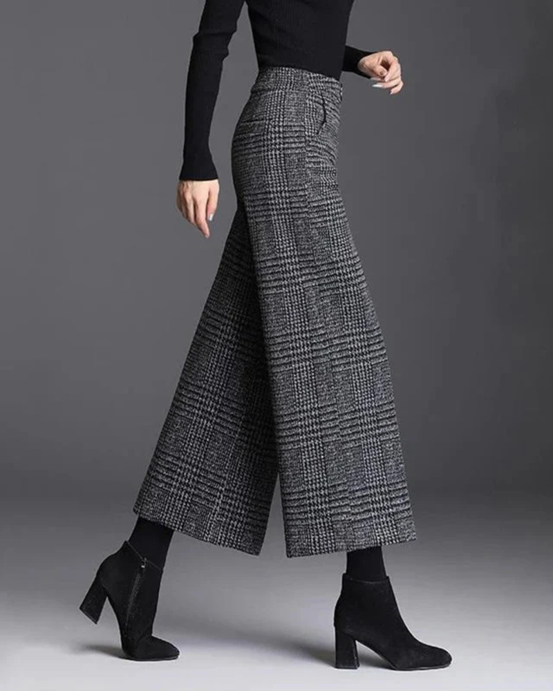 Abigail Women's Plaid Trousers – High-Waist Wide-Leg Pants for Work & Evening Wear