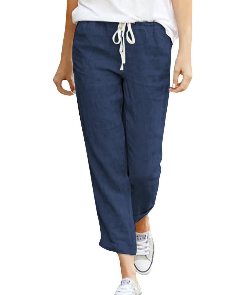 Mia Women’s Linen Pants – Elastic Waist Drawstring 7/8 Trousers with Pockets