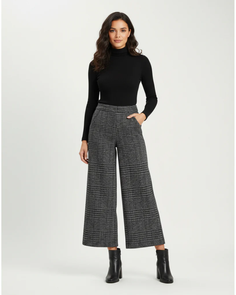 Abigail Women's Plaid Trousers – High-Waist Wide-Leg Pants for Work & Evening Wear