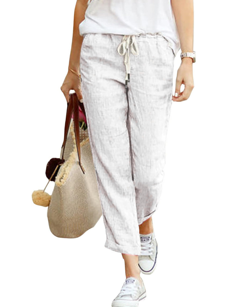 Mia Women’s Linen Pants – Elastic Waist Drawstring 7/8 Trousers with Pockets