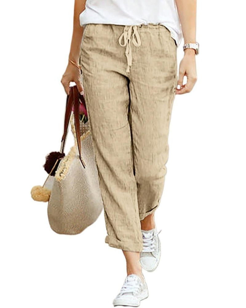 Mia Women’s Linen Pants – Elastic Waist Drawstring 7/8 Trousers with Pockets