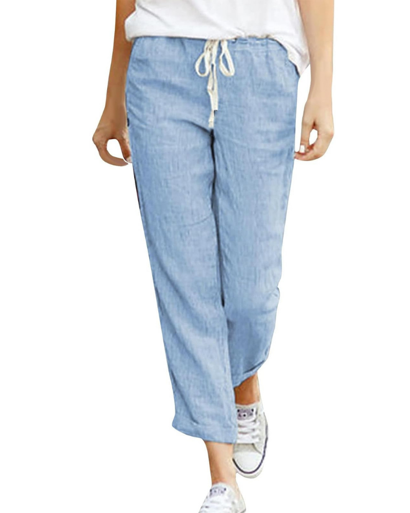 Mia Women’s Linen Pants – Elastic Waist Drawstring 7/8 Trousers with Pockets