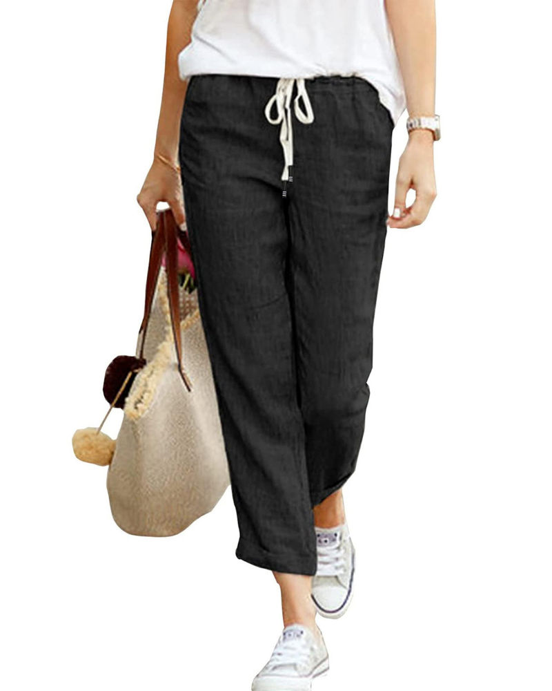 Mia Women’s Linen Pants – Elastic Waist Drawstring 7/8 Trousers with Pockets