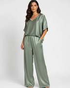 Sadie Women's 2-Piece Lounge Set – Satin V-Neck Top & Wide-Leg Pants
