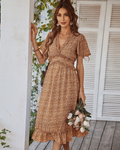 Lydia Women's Brown Ibiza Midi Dress – Short Sleeves, Relaxed Fit & Boho Style
