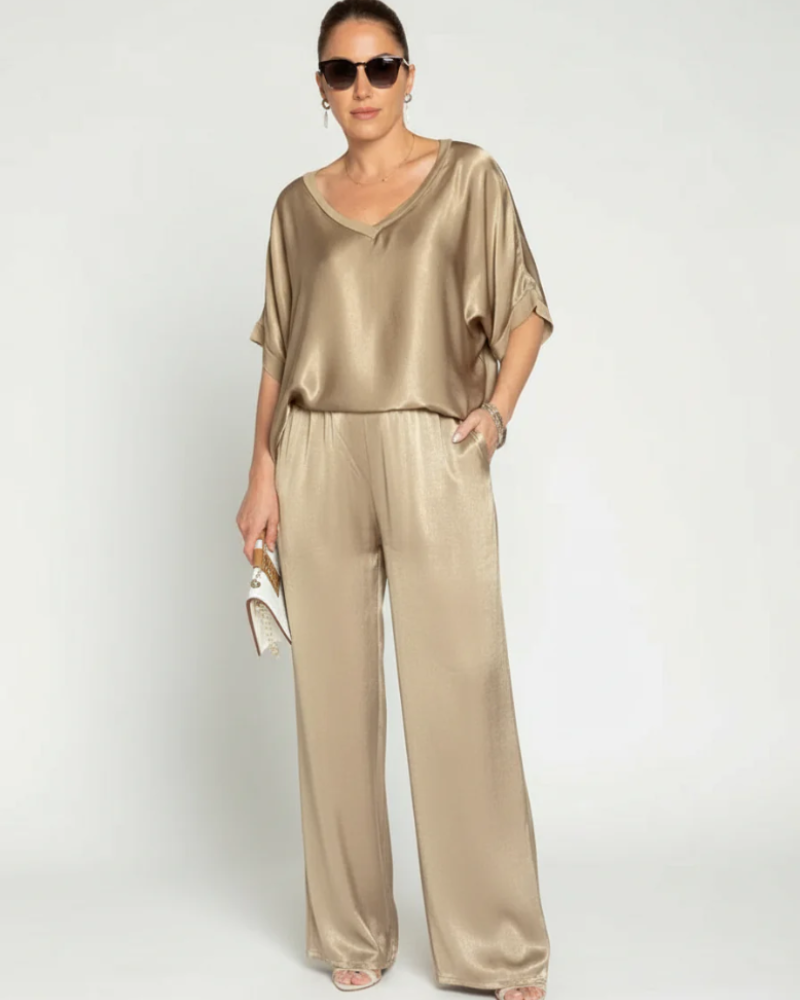 Sadie Women's 2-Piece Lounge Set – Satin V-Neck Top & Wide-Leg Pants