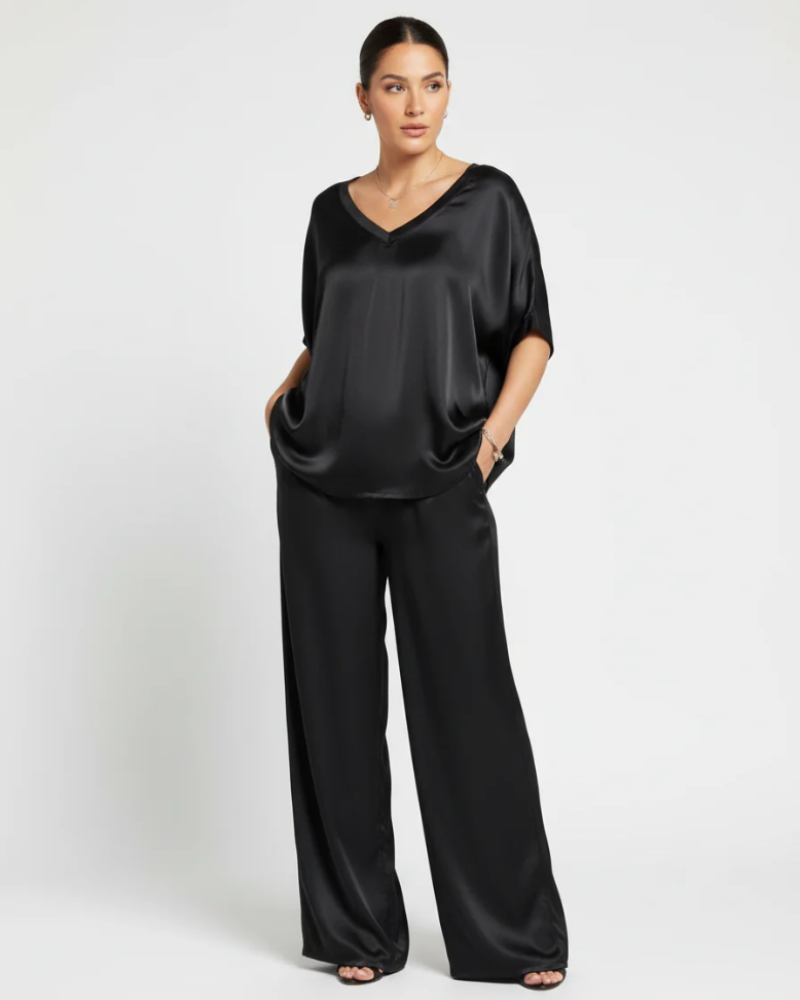 Sadie Women's 2-Piece Lounge Set – Satin V-Neck Top & Wide-Leg Pants