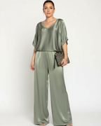 Sadie Women's 2-Piece Lounge Set – Satin V-Neck Top & Wide-Leg Pants