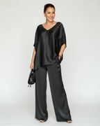 Sadie Women's 2-Piece Lounge Set – Satin V-Neck Top & Wide-Leg Pants