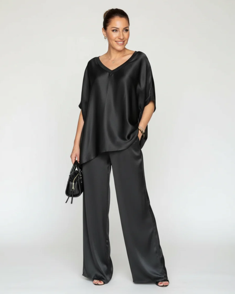 Sadie Women's 2-Piece Lounge Set – Satin V-Neck Top & Wide-Leg Pants