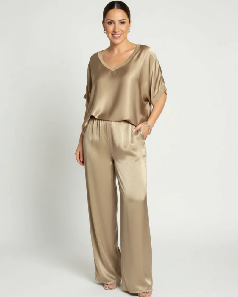 Sadie Women's 2-Piece Lounge Set – Satin V-Neck Top & Wide-Leg Pants
