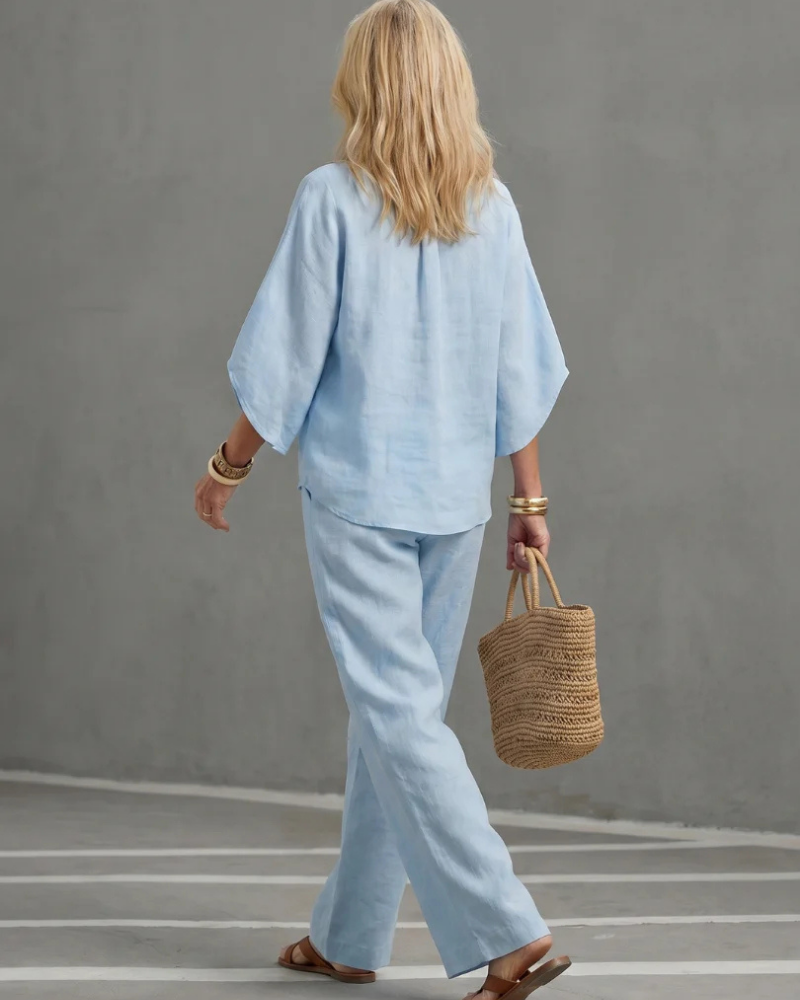 Elena Women’s Linen Blend Set – Button Tunic & Straight Leg Pants