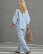 Elena Women’s Linen Blend Set – Button Tunic & Straight Leg Pants