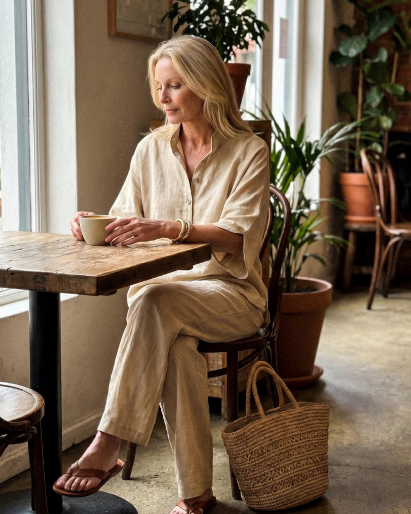 Elena Women’s Linen Blend Set – Button Tunic & Straight Leg Pants