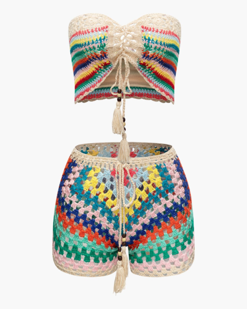 Jasmine Women’s Crochet Set – Lace-Up Bustier & Colorful Boho Shorts