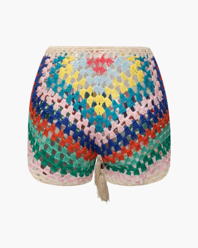 Jasmine Women’s Crochet Set – Lace-Up Bustier & Colorful Boho Shorts