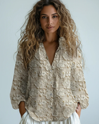 Nicole Women's Linen-Look Blouse – 3D Floral Texture, V-Neck & Relaxed Fit