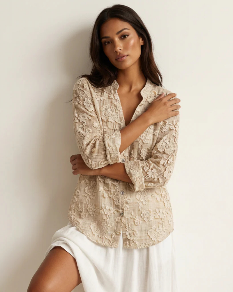 Nicole Women's Linen-Look Blouse – 3D Floral Texture, V-Neck & Relaxed Fit