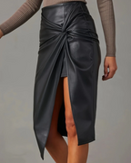 Jade Women's Vegan Leather Midi Skirt – High-Waist Asymmetrical Twist Front