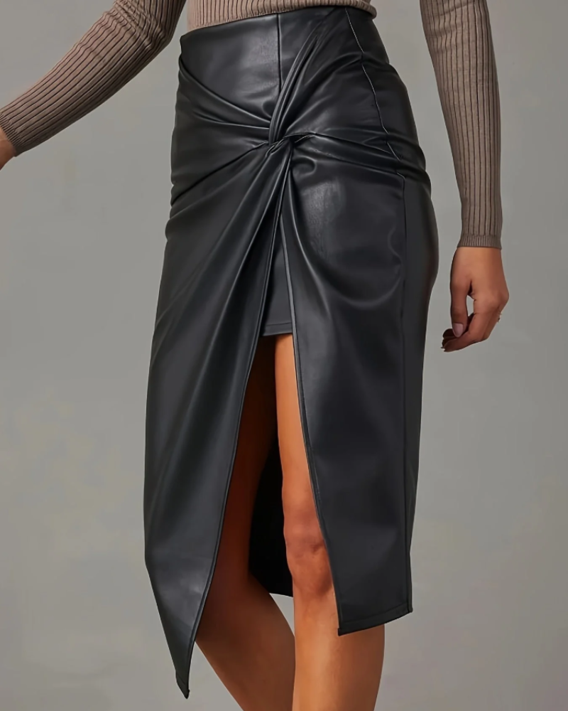 Jade Women's Vegan Leather Midi Skirt – High-Waist Asymmetrical Twist Front