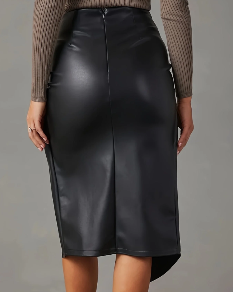 Jade Women's Vegan Leather Midi Skirt – High-Waist Asymmetrical Twist Front