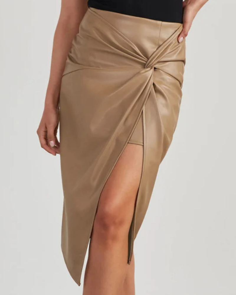 Jade Women's Vegan Leather Midi Skirt – High-Waist Asymmetrical Twist Front