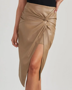 Jade Women's Vegan Leather Midi Skirt – High-Waist Asymmetrical Twist Front