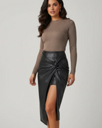 Jade Women's Vegan Leather Midi Skirt – High-Waist Asymmetrical Twist Front