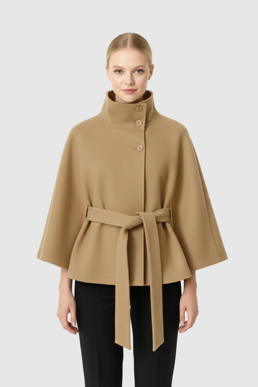 Ivanna Women’s Wool Blend Coat – Elegant Long Winter Coat with Belt & High Collar