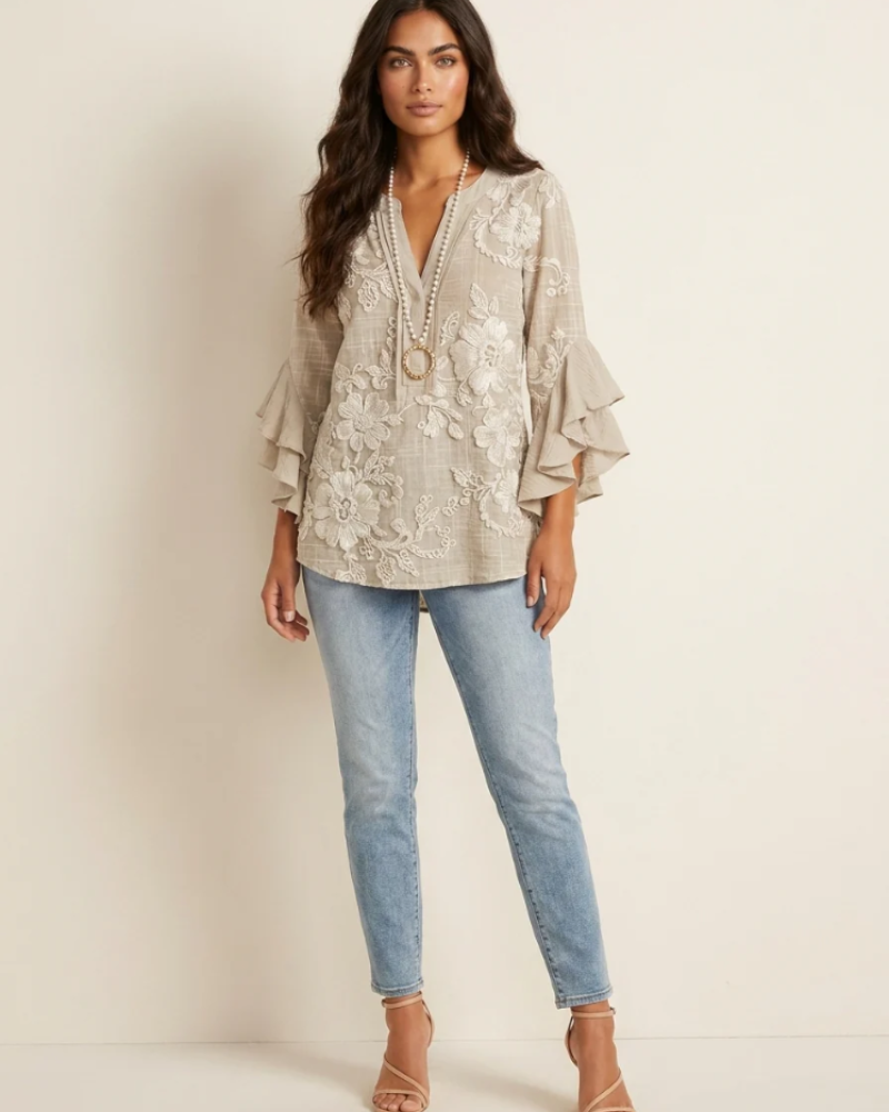 Marina Women's Floral Blouse – V-Neck Top with Ruffle Sleeves & Romantic Print