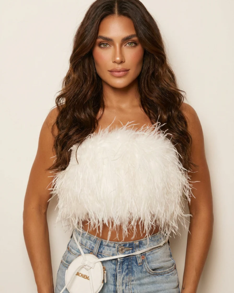 Savannah Women's Feather Bandeau Top – Strapless Fitted Party & Festival Top