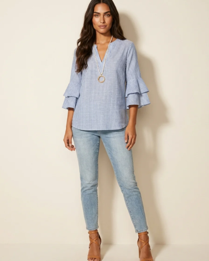 Marina Women's Floral Blouse – V-Neck Top with Ruffle Sleeves & Romantic Print